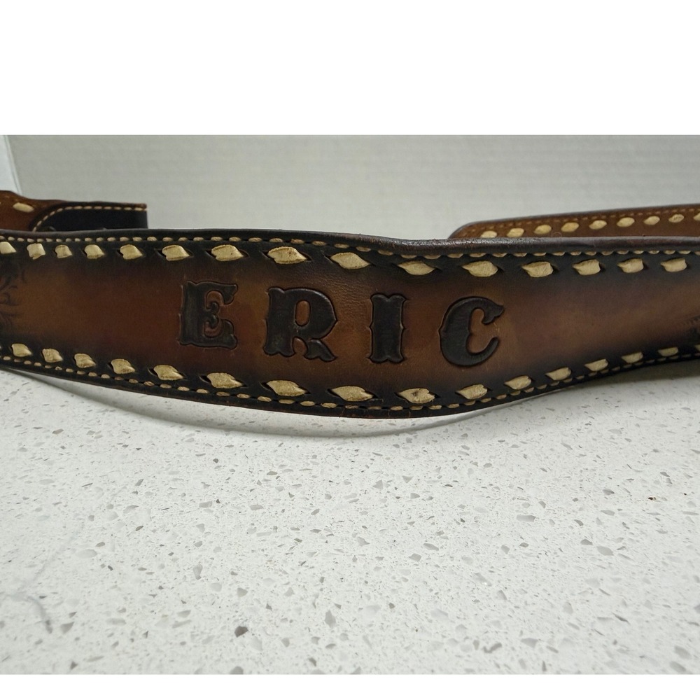 Vintage Eric Hand Tooled Leather Western Belt Whipstitch Brown Mens Custom